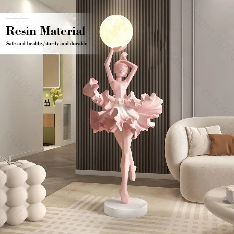 Luxury Art Decor Ballet Girl Floor Standing Sculpture Figurine for Living Room Elegant Home Decor Accent Statue with Moon Lamp