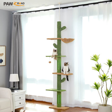 5-Tier Floor to Ceiling Cat Tree Tower Cactus Tall Climbing Tree with Scratching Post Hammock Dangling Ball for Indoor Cats