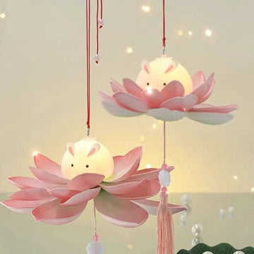 DIY Handmade Mid-Autumn Festival Lantern Glowing Lotus Rabbit Lamp Handheld Cute Holiday Decoration Mini Children Gifts