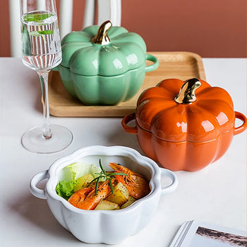 Pumpkin Shape Bowl With Lid Ceramic Soup Salad Cereal Bowl Bakeware Oven Baking Pan Kitchen Halloween Party Festival Decoration