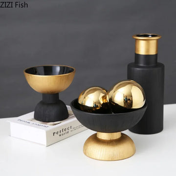 Black and Gold Ceramic Vase Desk Decoration Flowers Pots Decorative Flower Arrangement Modern Home Decor Crafts Floral Vases