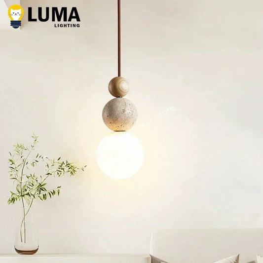 Luma Cream Style Yellow Travertine Pendant Lights, Nature Stone Wood Hanging Lamps for Bedroom Bedside Restaurant Kitchen Island
