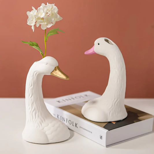 DIY Plain White Swan Ceramic Vase Creative Pink Hand-painted Big Goose Desktop Vase Simple Animal Home Decorations Garden Decor