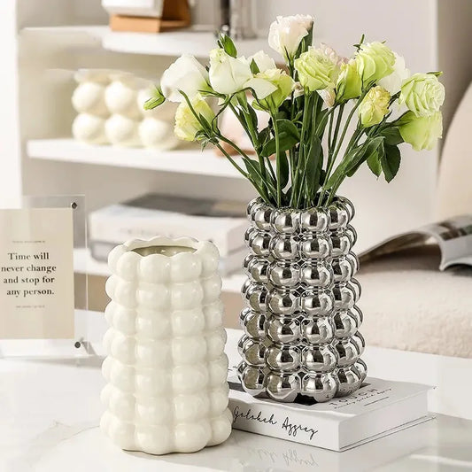 Nordic Ceramic Vase Ornaments Milk White Silver Vases Dinner Table Flower Arrangement Home Room Decor