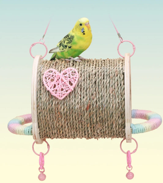Bird House Tent with Hammock Swing Bird Nest Grass Bird Hut Parrot Tunnel Hideout Pet Cage Accessory for Parrots and Hamsters