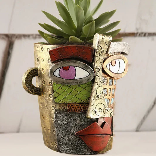 Retro Human Face Flower Pot Colorful Abstract Art Succulent Flower Pot Resin Ornaments Antique Flower Decoration