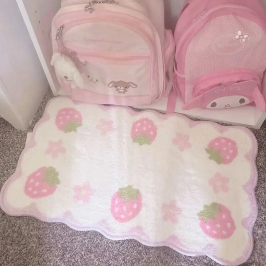 VIKAMA Sweet Strawberry Floor Mat, Bedroom Bed Plush Anti-Slip Carpet, Wardrobe Room, Home Decoration, Living Room Carpet