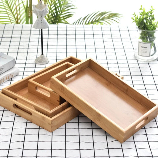 Tea Tray 1pcs Wooden Bamboo Tea Tray Tableware Holder Fruit Bread Dessert Tea Food Rectangle Tray with Handle