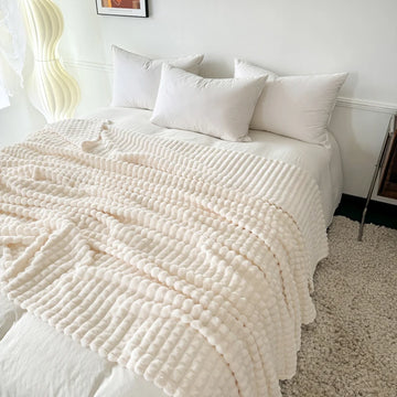 All-Season Plaid Flannel Blanket Soft Lightweight Faux Rabbit Fur Throw Blankets for Sofa Bed Single Double Warm Plush Bedspread