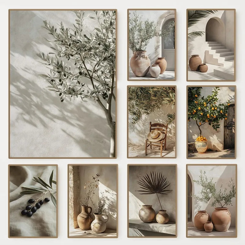 Minimalist Nature Botanical Olive Tree Pottery Poster Mediterranean Still Life Canvas Painting Wall Art Rustic Room Home Decor