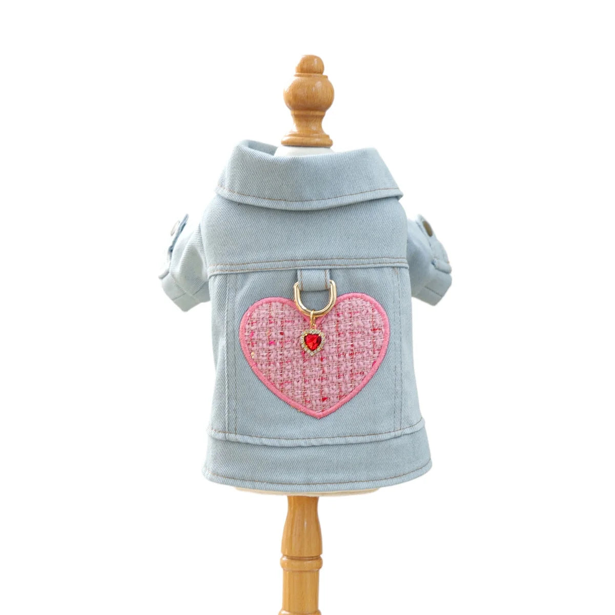 Dog Coat with D-Rings & Heart Embroidery Pet Apparel – Adorable Denim Jacket for Small Breed Puppies & Cats Stylish