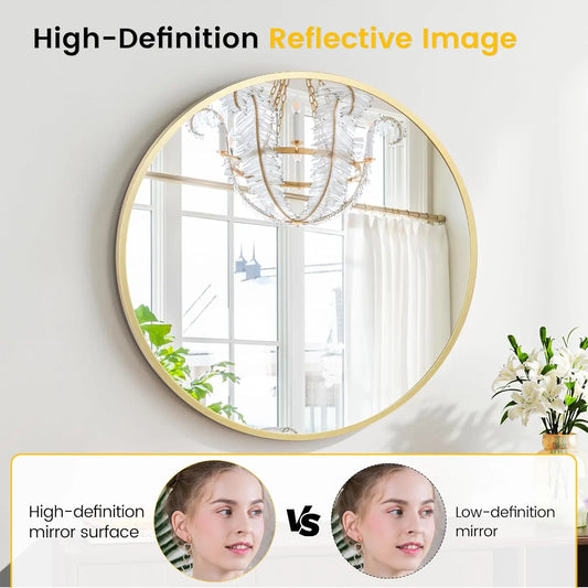 Extra Thick Round Mirror Golden Aluminum Alloy Circle Framed Wall Mounted Mirror HD Eco-Friendly Wall Mirror for Vanity Bathroom