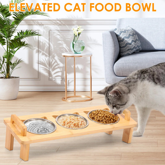 Elevated Cat Feeder Stand 3 Stainless Steel Bowls Adjustable Raised Stand Wooden Pet Dry Wet Food Water Bowl