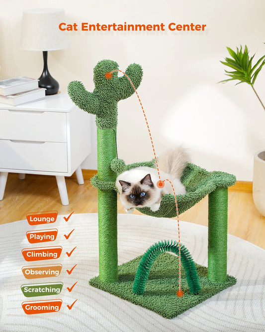 H84CM Small Cactus Cat Tree Tower for Indoor Cozy Hammock Scratching Post Self Groomer for Kitty Durable Stable Large Perch Ball