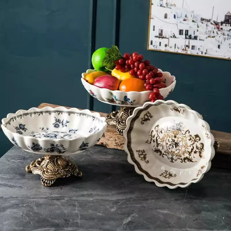 Ceramic household light luxury fruit tray, living room European retro high foot fruit tray, high-end high aesthetic decoration
