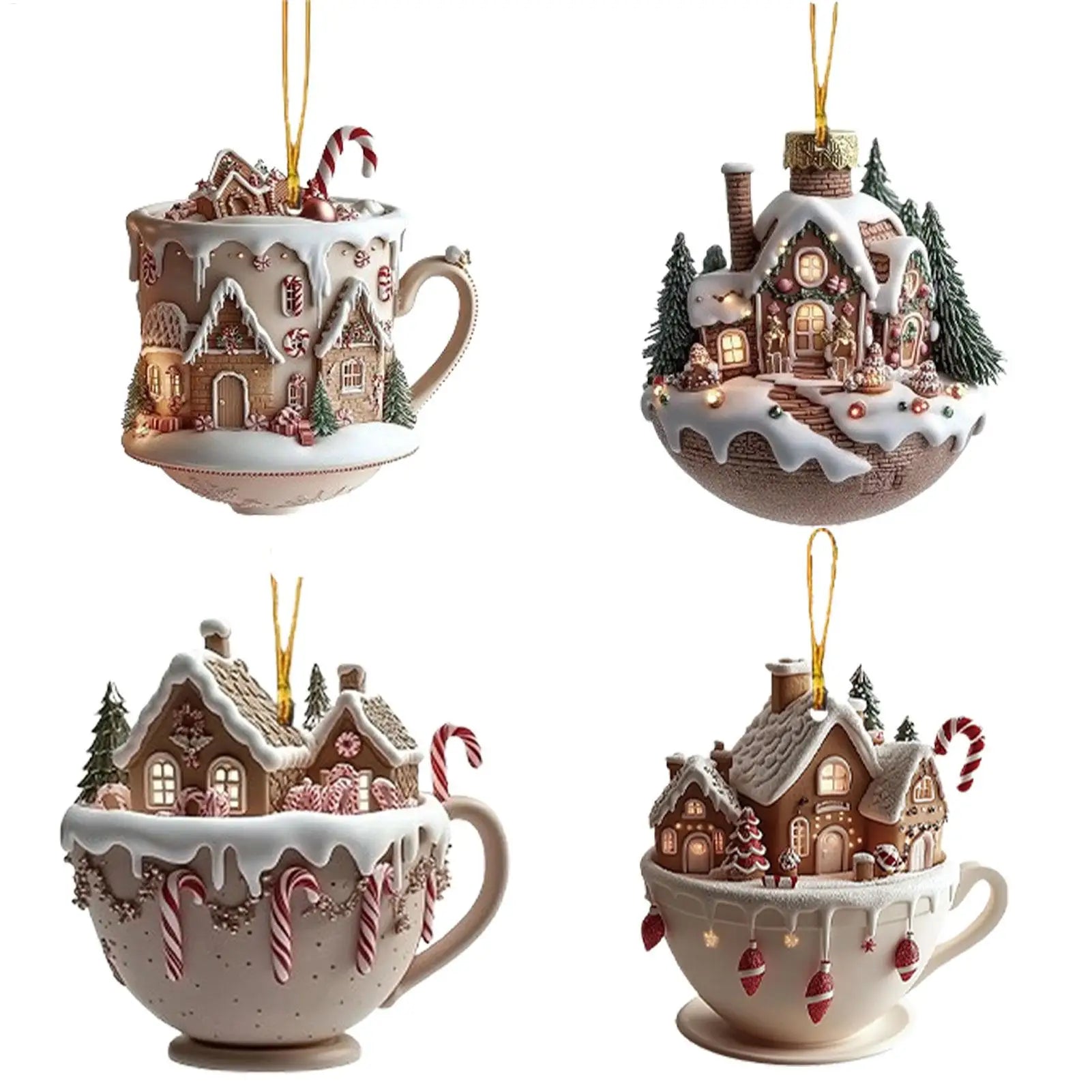 Coffee Cup Ornaments Christmas Tree Pendant 2D Acrylic Christmas Snow Houses Chocolate Mug Car Decor 2025 Xmas Navidad