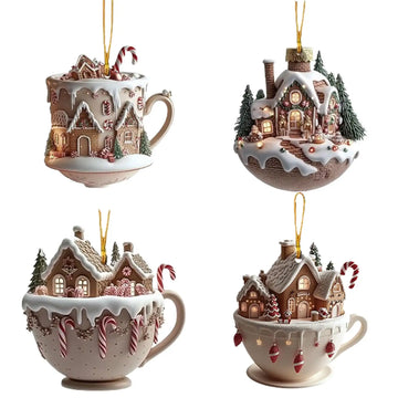 Coffee Cup Ornaments Christmas Tree Pendant 2D Acrylic Christmas Snow Houses Chocolate Mug Car Decor 2025 Xmas Navidad
