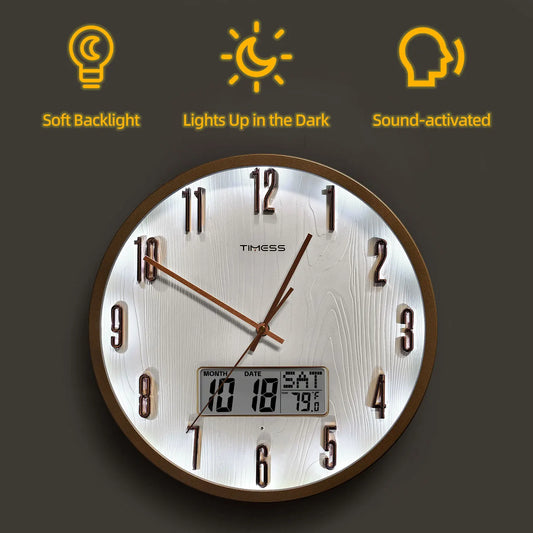 TIMESS Luminous Voice-activated Wall Clock, 14-inch Night Light Analog, Silent Battery Powered, Perpetual Calendar, Decorative