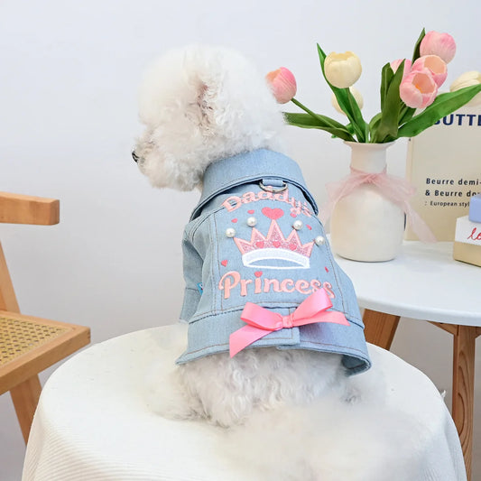 Designer Dog Denim Jacket - Cute  Stylish Princess Style with Fun Prints for Small Dogs Pet Jeans Vest