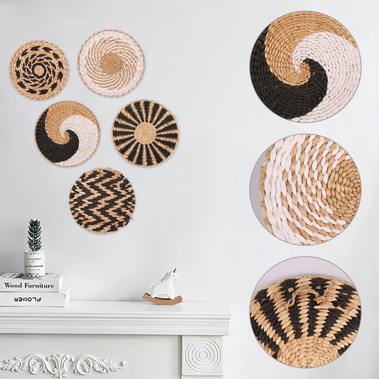 5Pcs Wall Basket Decor Set Woven Rattan Baskets Wall Hanging Decor Handmade Wall Art Natural Basket Wall Decor Serving Tray Art
