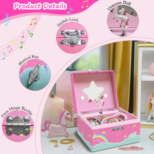 Magical Unicorn Jewelry Box, Spinning Unicorn with Jewelry Drawer, Small Rectangular, Square Jewelry Box