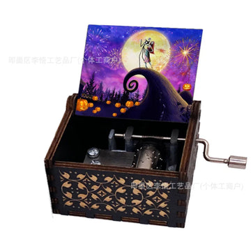 Wooden Hand Crank Music Box Retro Engraving Music Box UV Color Printing Halloween Merry Christmas Music Box Birthday Gift