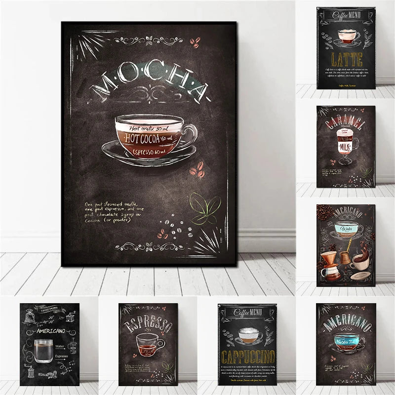 Retro Espresso Cappuccino Latte Poster Minimalist Italian Coffee Wall Pictures Prints Canvas Painting Kitchen Room Home Decor