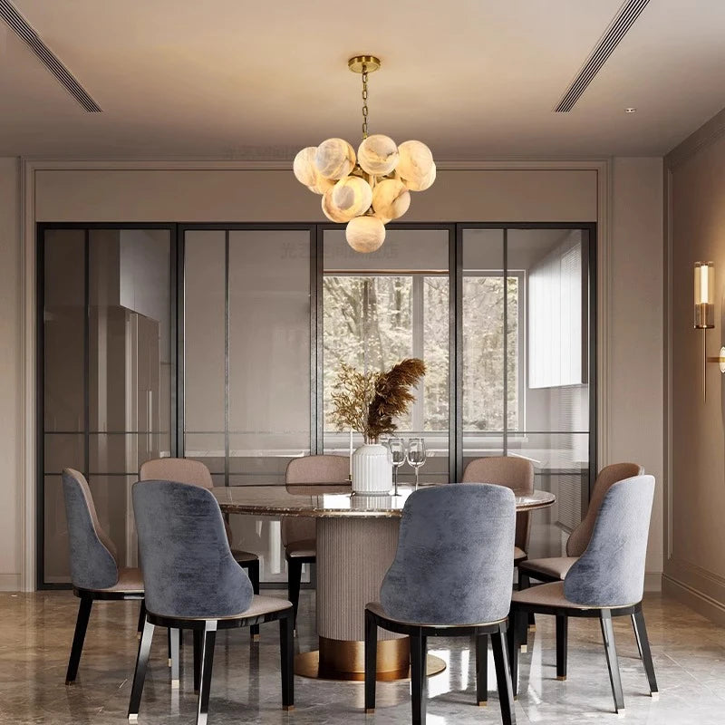 Luxury Natural Spanish Marble Balls Chandeliers Gold First Class Stone Hanging Lamps for Villa Duplex