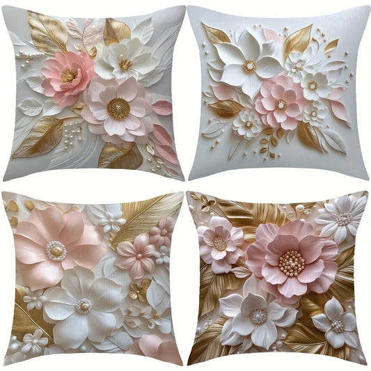 Pink White Gold 3D Floral Pattern Home Decor Pillowcase Living Room Sofa Polyester Cushion Cover with Zipper