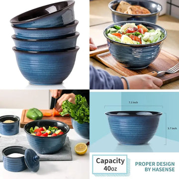 ceramic soup bowls set of 4, 40 ounce large cereal bowls for kitchen, 7 inch serving bowls for salad pasta ramen pho popcorn, d