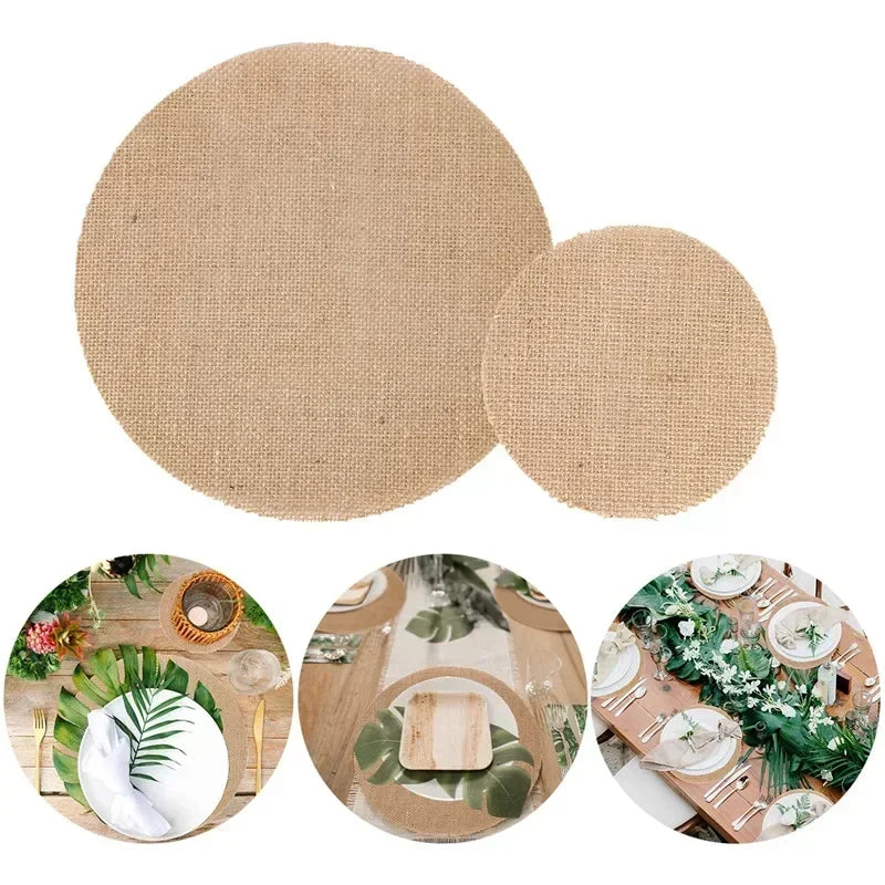 10pcs Round Linen Jute Burlap Table Placemat Table Mat for Dinner Table Tea Cup Plates Mat for Home Wedding Birthday Party Decor