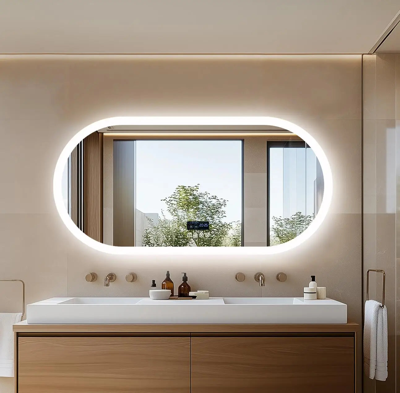 80/120cm Oval LED Bathroom Mirror, Wall-Mounted with Bluetooth Speaker, Digital Display, Vanity Mirror, Smart Makeup Mirror