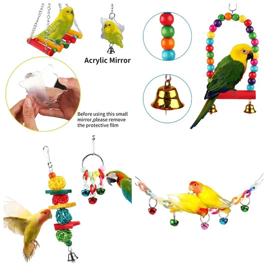 Bird Parakeet Cockatiel Toys Bird Cage Hammock Swing Climbing Ladders Wooden Chewing Toy for Conures Love Birds Finche