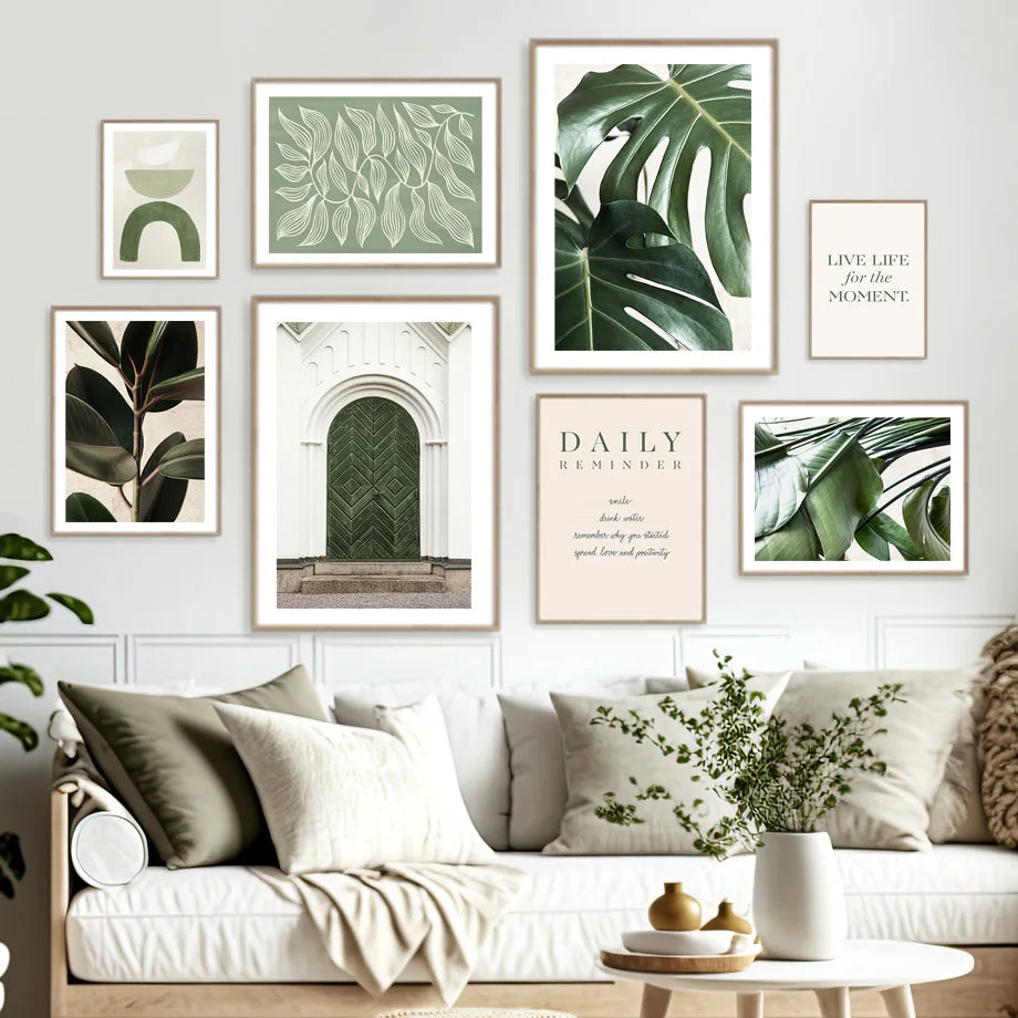 Green Monstera Leaves Botanical Door Posters And Print Boho Graphic Shapes Wall Art Canvas Painting Decor Pictures Living Room