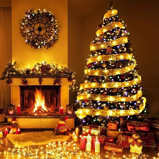 1pc Christmas Ribbon Fairy Lights Ribbon Garland for Christmas Tree Gold Garland Christmas Decorations Indoor Party Decorations