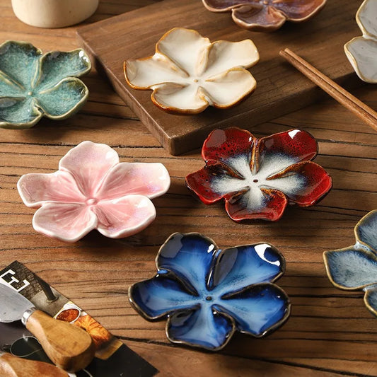 Vintage Ceramic Craft Dish Flower Shaped Small Dish Creative Dipping Sauce Small Dish Multi-color Kiln Transformed Dish Gift