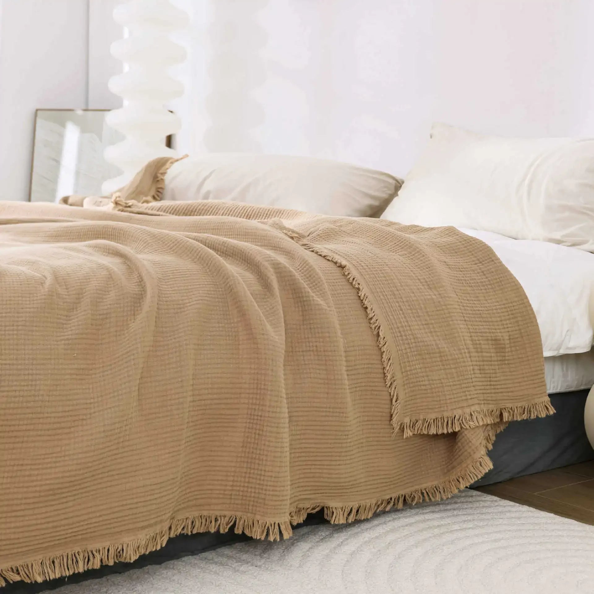 Soft Solid Color Cotton Blanket With Tassel Gauze Simple Sofa Sover Double Bedspread Luxury Blanket Summer Leisure Bed Sheet