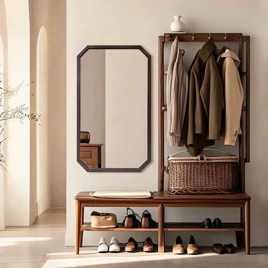 2 Styles Vintage Irregular/Octagon Wall Hanging Mirror for Living Room, Bedroom, Entryway,  Walnut Wood Framed Accent Mirror