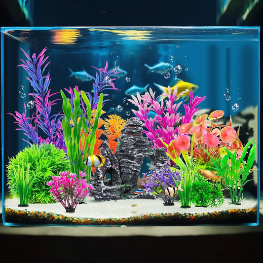 8/12/13PCS Complete Aquarium Decor Set - Plastic Plants & Resin Rock Caves Kit for Fish Tank, non-poisonous Aquascape Ornaments