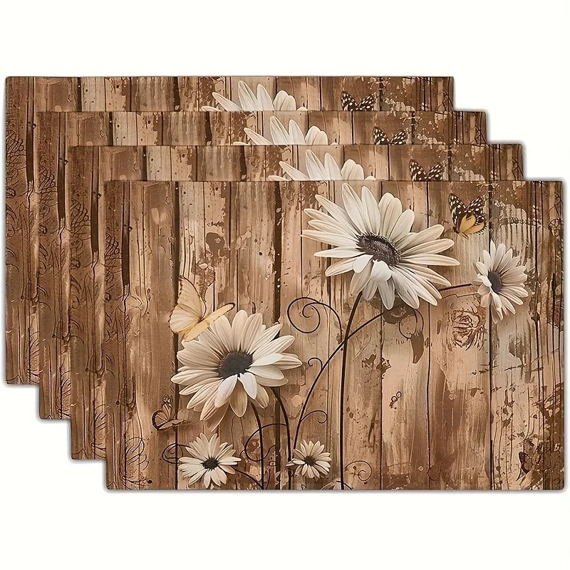 4pcs Rustic Daisy Pattern White Sunflower Vintage Wooden Placemat Set 12x18 inches Non-slip Heat-resistant Kitchen Table Setting
