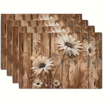 4pcs Rustic Daisy Pattern White Sunflower Vintage Wooden Placemat Set 12x18 inches Non-slip Heat-resistant Kitchen Table Setting