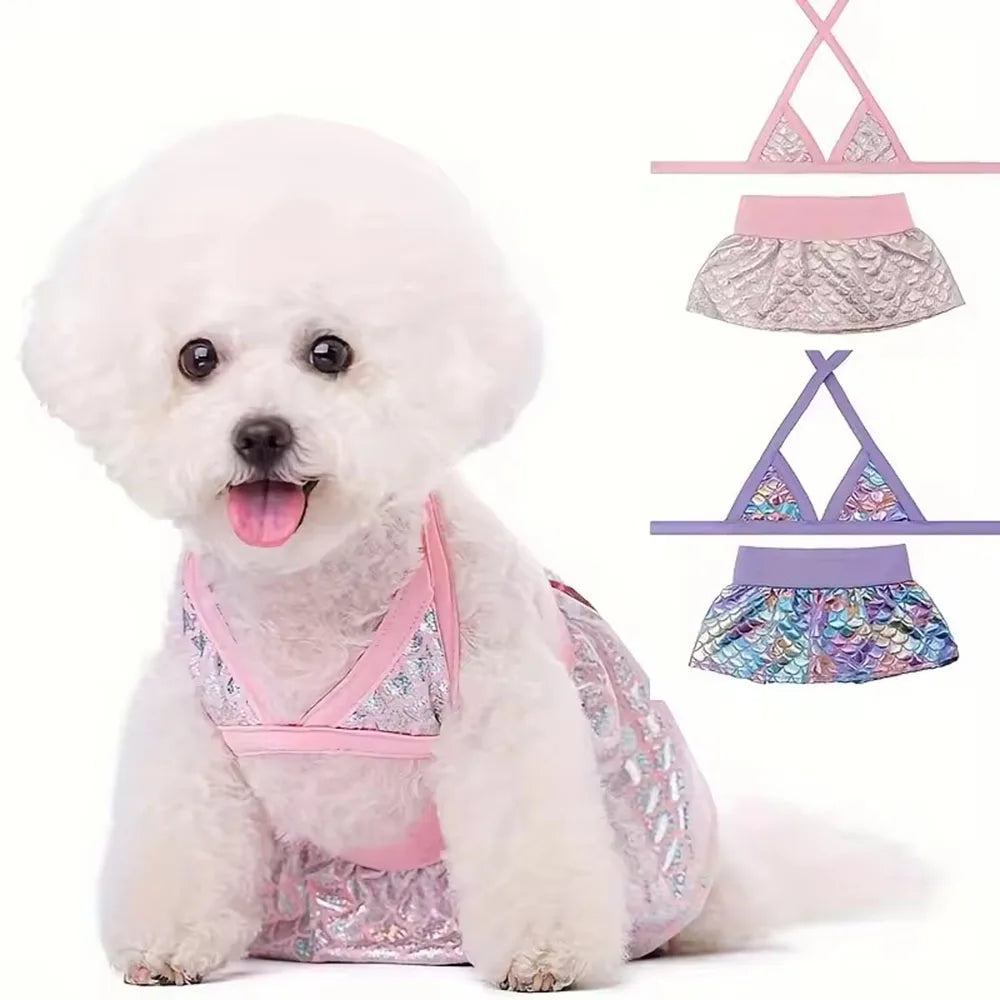 Dog Bikini Swimsuit Puppy Bathing Suit for Small Dogs Cats Bra Dress Summer Beach Dogs Clothes Mermaid Print Bikini Pet Costume