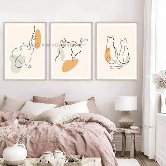 Northern Europe One Line Cat Minimalist Anime Poster Self-adhesive Wall Art Picture Bedroom Living Room Mural Home Decor