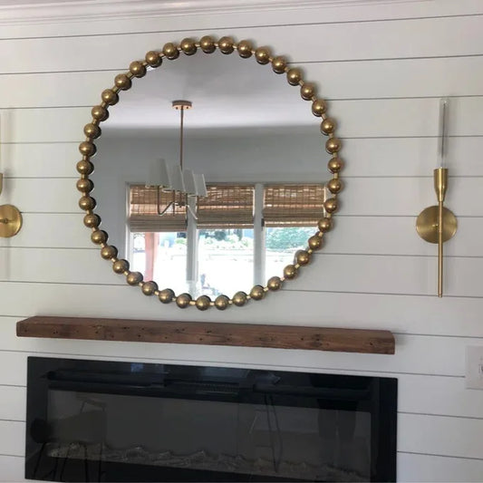 Creative beaded decorative mirror round frame luxury gold metal frame wall mirror hotel living room wall mirror