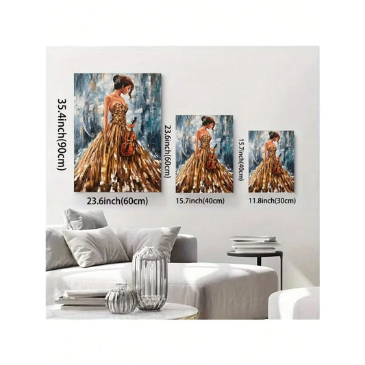 1pc Wooden Framed Canvas Poster,Girl w/Violin Abstract Oil Painting,Home/Office/Hotel Decor,Ideal Gift