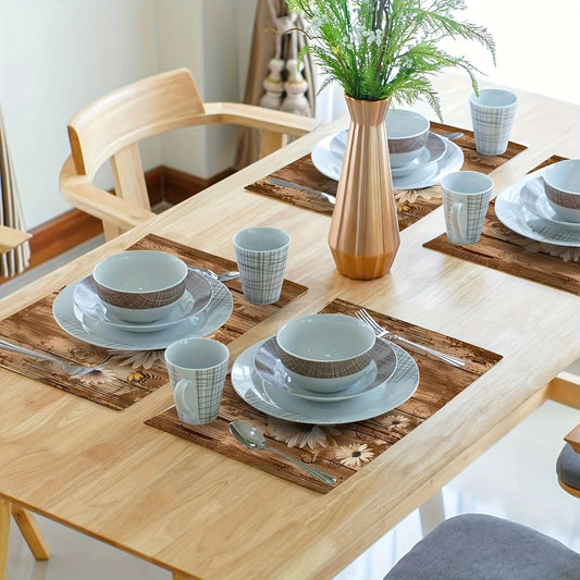 4pcs Rustic Daisy Pattern White Sunflower Vintage Wooden Placemat Set 12x18 inches Non-slip Heat-resistant Kitchen Table Setting