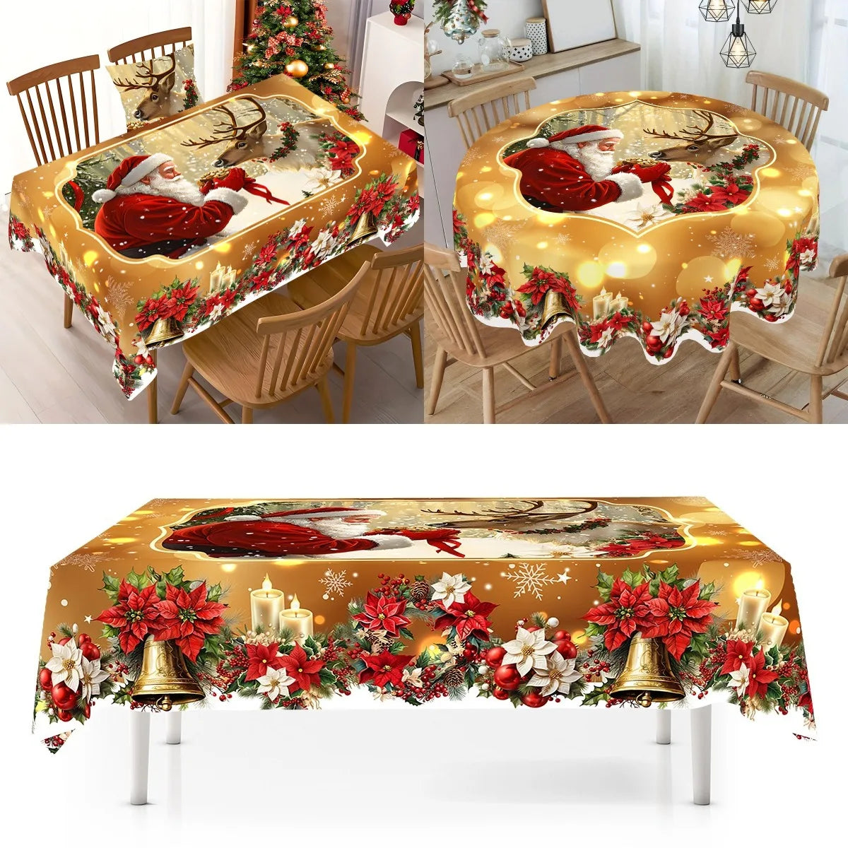 Golden Christmas Santa Claus Tablecloth Christmas Decorations for Home 2025 Xmas Gifts Navidad New Year 2026 Dining Table Cover