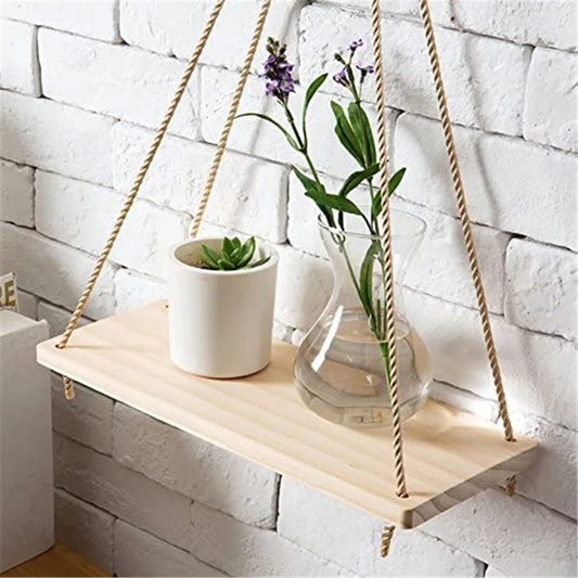 Premium Wood Swing Hanging Rope Wall Mounted Floating Shelves – Plant Flower Pot Indoor Outdoor Decoration Simple Design
