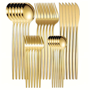 30Pcs Golden Silver Cutlery Set Stainless Steel Knife Fork Spoon Tableware Flatware Set Festival Kitchen Upscale Cutlery Set