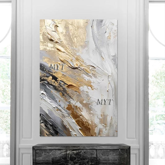 Gold Foil Textured Oil Paintings, Palette Knife Canvas Art, Abstract Design Artwork, Frameless, Wall Picture For Restaurant